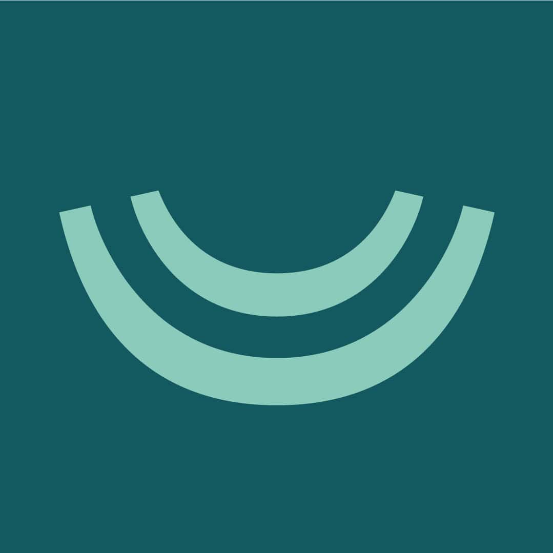 A minimalist logo design featuring two offset, light-teal curved bands stacked horizontally against a dark teal background, symbolizing waves, connection, or sound.