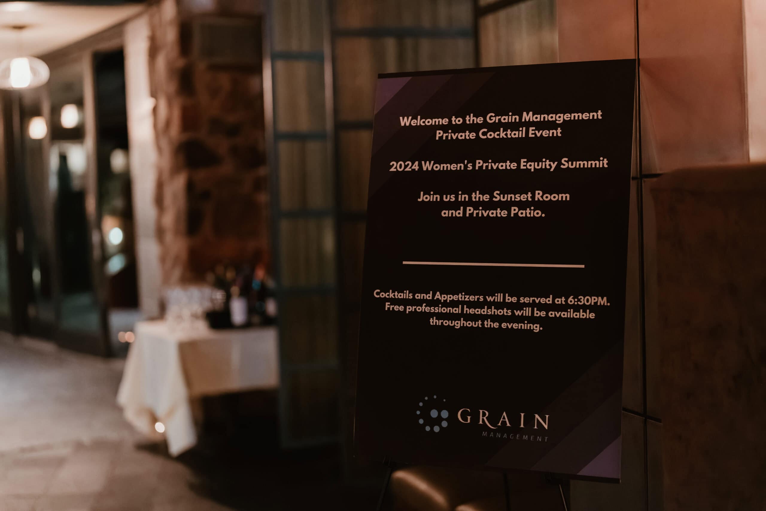 Welcome signage for Grain Management’s private cocktail event in Virginia Beach