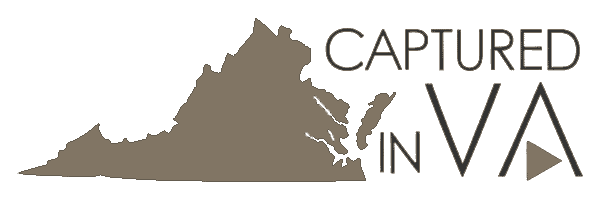 Captured in VA logo featuring the state of Virginia silhouette, representing cinematic wedding and corporate videography in Virginia Beach, Hampton Roads, Chesapeake, and Northern Virginia.