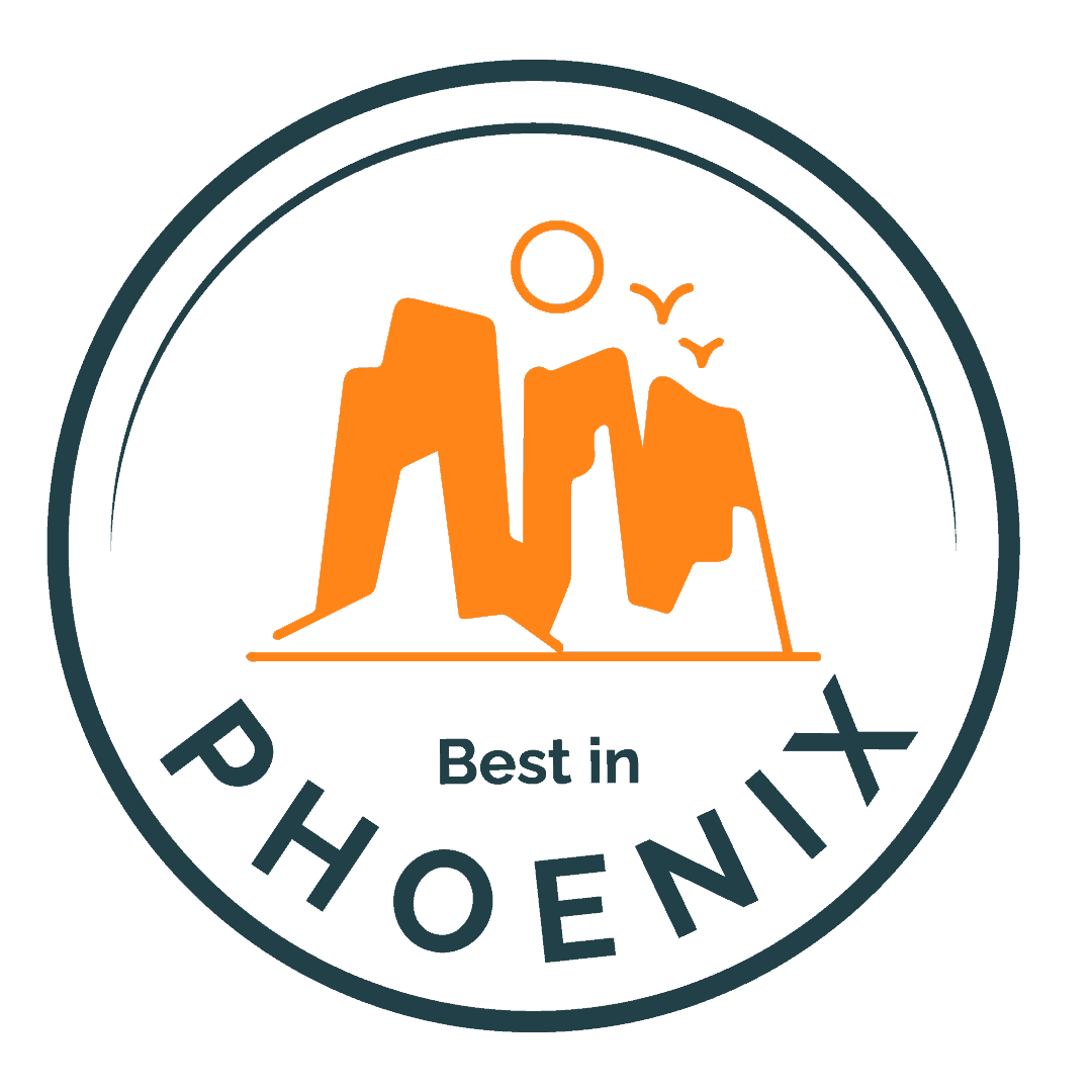 Circular 'Best in Phoenix' logo featuring orange mountains, sun, and birds inside a dark green circle with dark blue text.