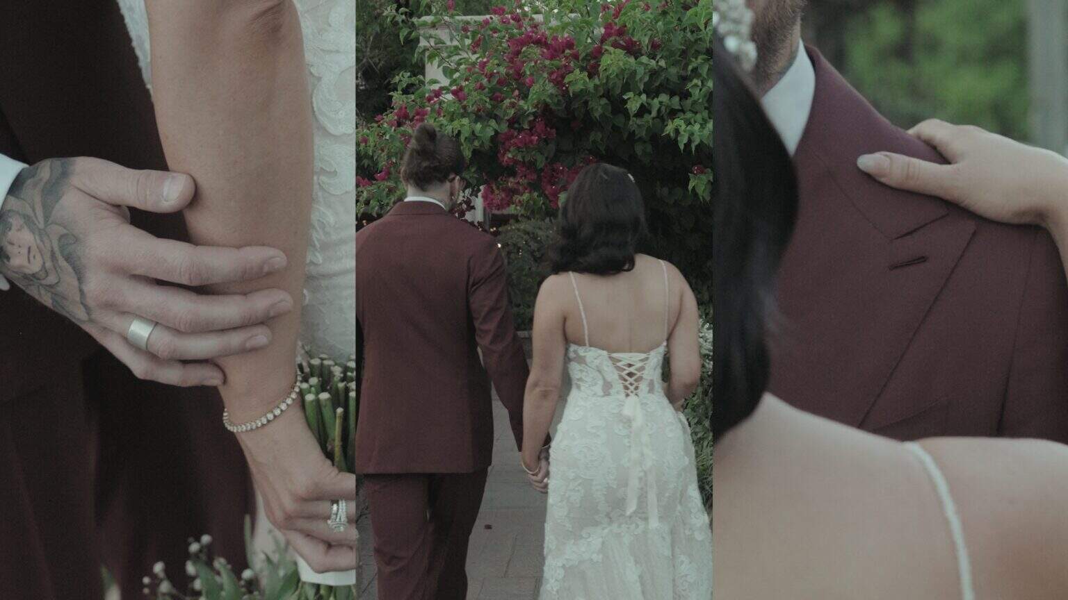 Bride and groom holding hands and walking through a garden wedding in Hampton Roads, captured by a Virginia Beach wedding Photographer